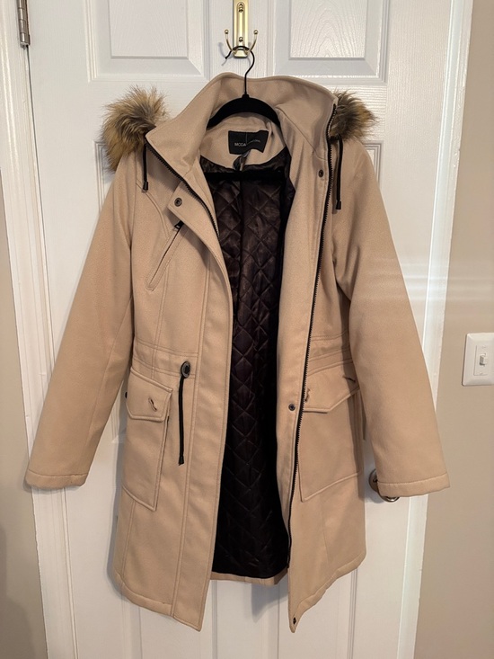 Jackets & Blazers - Beige Hooded Trench Coat with Faux Fur Trim